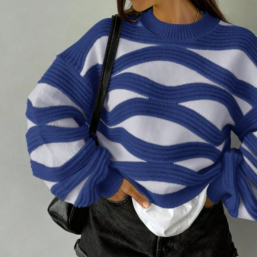 Dark Blue Casual Women's Wavy Striped Long Sleeve Sweater